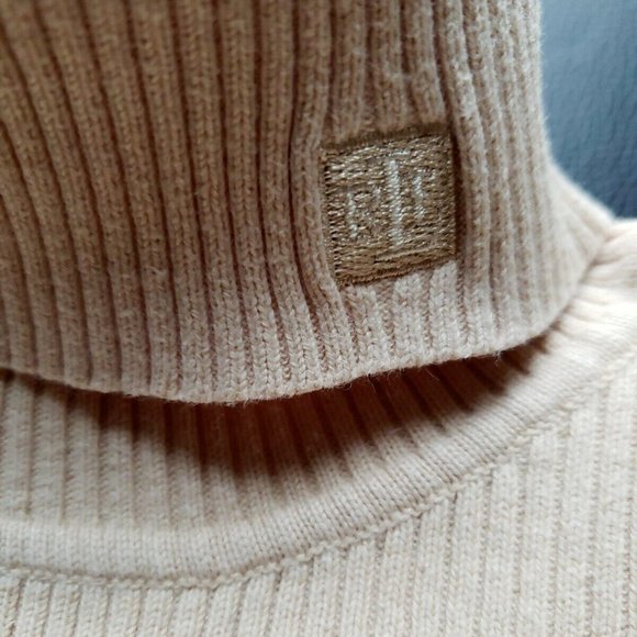 Lauren Ralph Lauren Size L Beige Turtleneck Sweater 100% Cotton Ribbed Logo - Picture 2 of 12